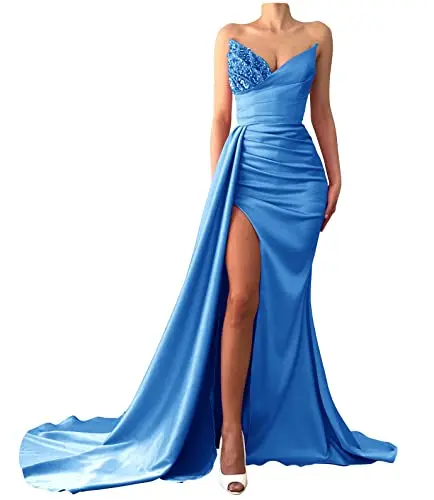 

Blue Strapless Mermaid Sequin Beaded Satin Long Slit Evening Gowns Women Bridesmaid Dresses Maid of Honor Robe for Weddings