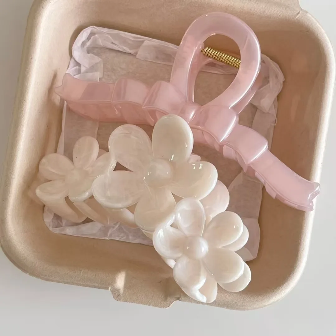 2 Stück Koreanische Haarspangen in Jelly-Farben mit Blumenmuster und Schleife, große Haarklammern für Damen und Mädchen, Haarspangen, Krabben-Haarspangen, Haar-Accessoires