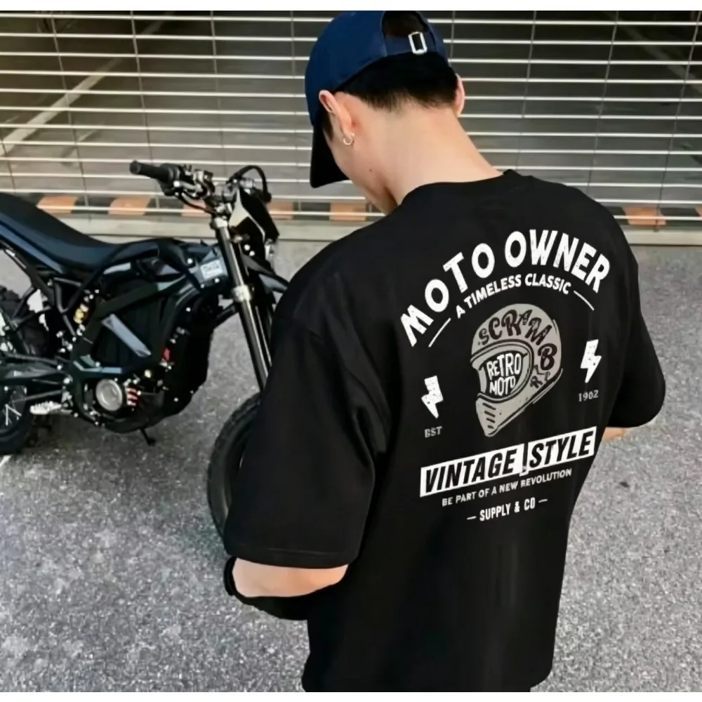 2026 New  Summer MOTO OWNER Vintage Men's Oversized T-shirt, Retro Motorcycle Helmet Graphic Biker Streetwear Top