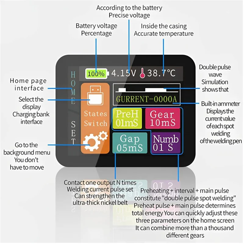 AB42-طقم لحام البقعة المحمولة مع شاشة LCD ملونة، بطارية ليثيوم 500 مللي أمبير لإصلاح بطارية 18650