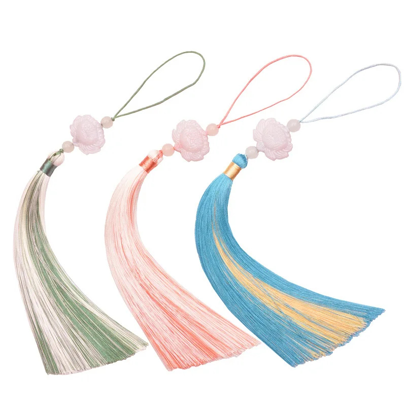 White Jade Lotus Double Colors Tassel Fringe Ornament, DIY Accessory, Clothes, Home Textile Sachet, Bookmark, Bag Pendant, 16cm