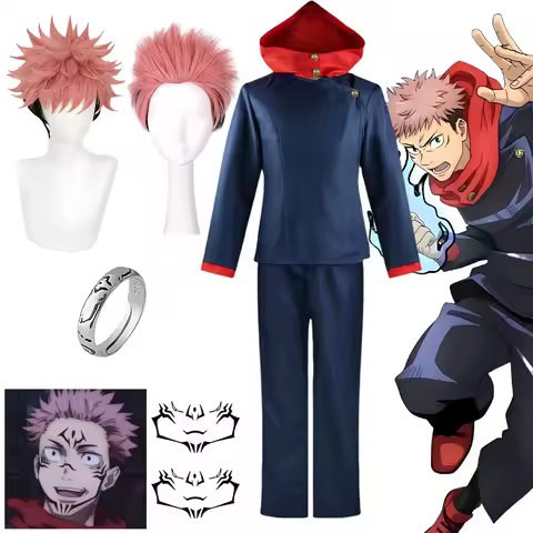 Anime Itadori Yuji Cosplay Costume Itadori Yuji Black/Blue Uniform Wig Ring Tattoo Sticker Halloween Costume for Men Comic Con