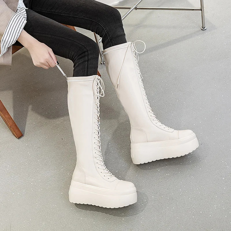 Fujin 8cm New Retro Genuine Leather Synthetic Platform Wedge British Knee High Boots ZIP Winter Women Ladies Non Slippery Shoes