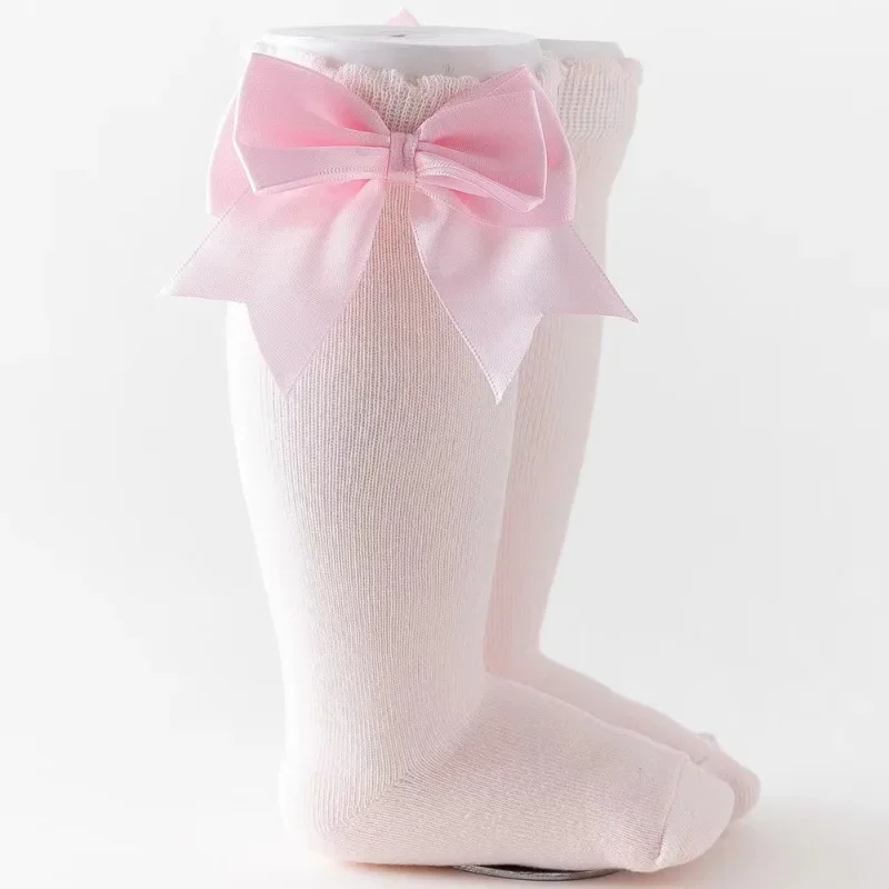 Infant Baby Girl Below Knee Socks, Solid Color Bow Decor Stockings Breathable Clothing Accessory Christmas Gift