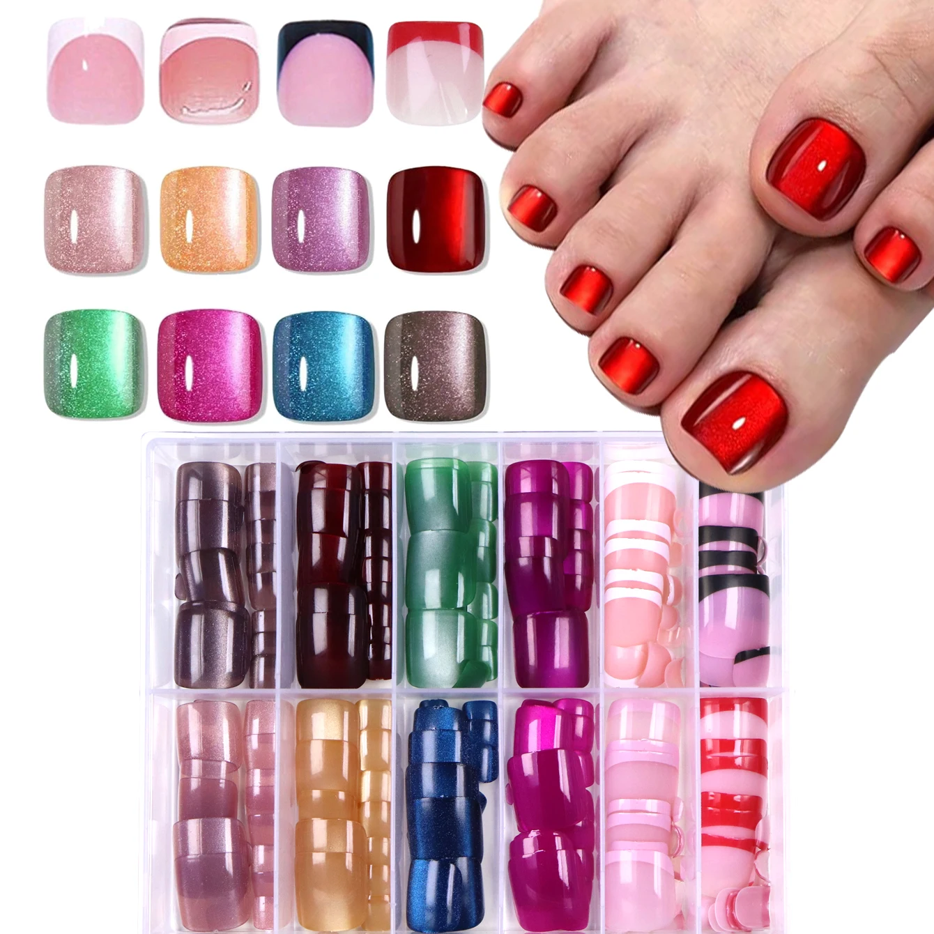 

288 шт. короткие квадратные накладные ногти во французском стиле с французскими краями и дизайном «кошачий глаз» - многоразовые акриловые накладные ногти на ногах