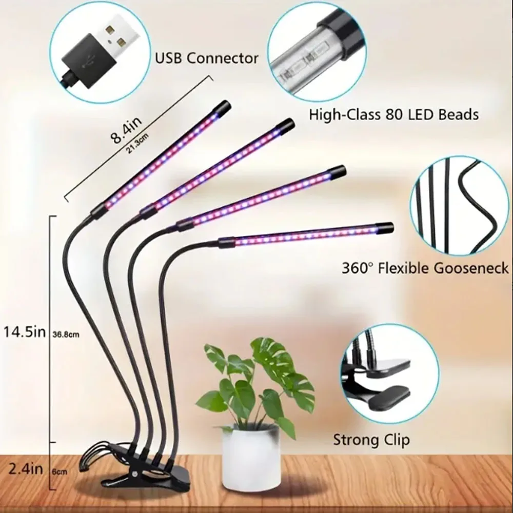 植物栽培用のフルスペクトルUSB成長ランプ,水耕栽培システム,5V,水耕栽培タイマー設定,5ヘッド