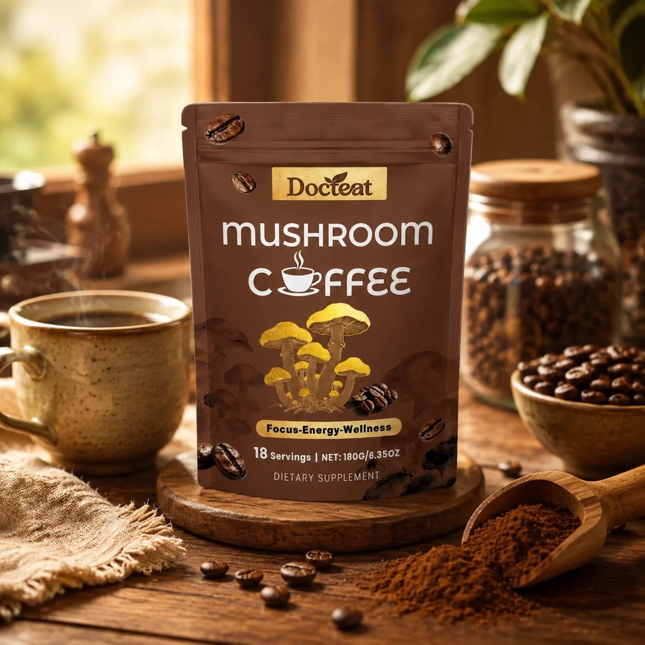 Mushroom Coffee Dietary Supplement 180g Functional Blend with Cordyceps Lion's Mane Reishi Shiitake Turkey Tail Focus Support