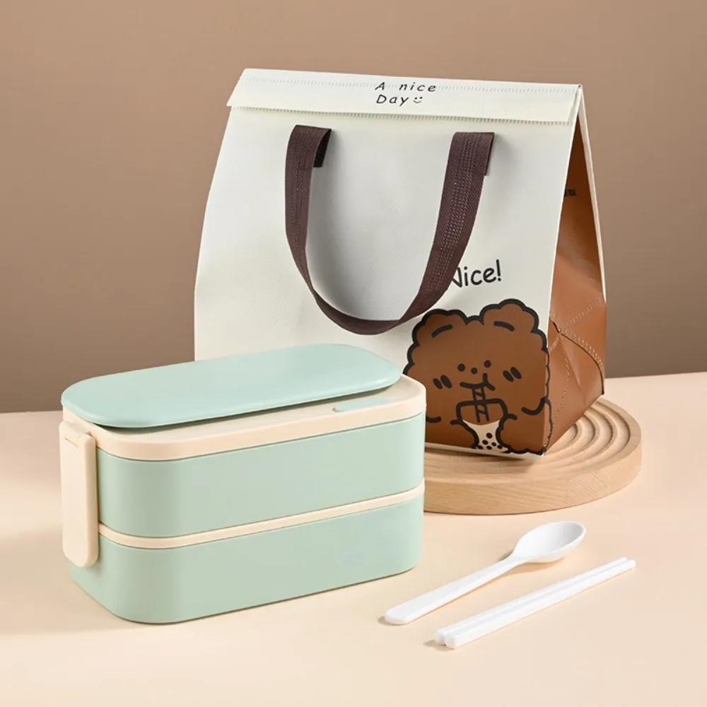 

2 Layer 304 Stainless Steel Lunch Box Divided with Tableware and Storage Bag Food Container Microwavable Rectangular Picnic Box