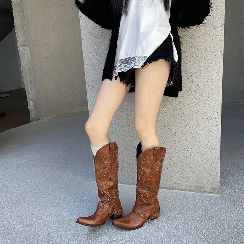 Autumn Winter Belt Buckle Rivet Women Western Cowboy Boots Fashion Slip on Thick Heel Shoes Embroidery Knight Botas - view 3