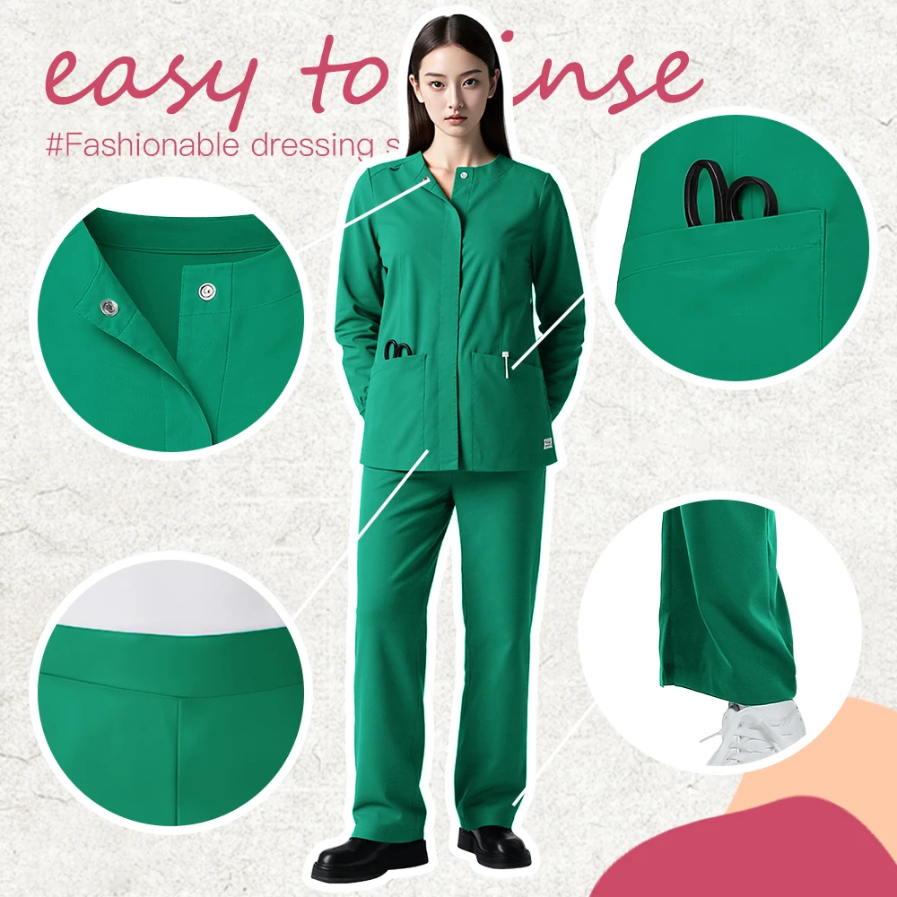 أطقم فرك طبية بأكمام طويلة زي موحد للنساء للممرضات الصلبة بدلة فرك المستشفى الزي الجراحي ملابس عمل لصالون التجميل السريري