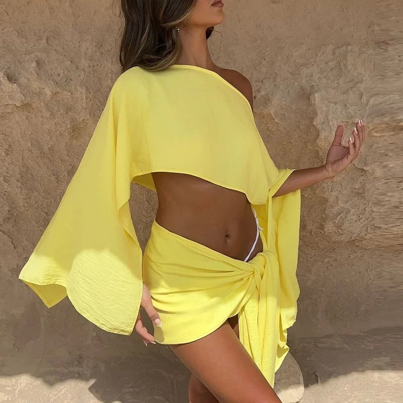 القطن الكتان طويلة الأكمام المحاصيل الأعلى 2 قطعة مجموعة المرأة قطعة واحدة الملتوية عقدة تنورة صغيرة دعوى الصيف سيدة شارع العليا وتتسابق