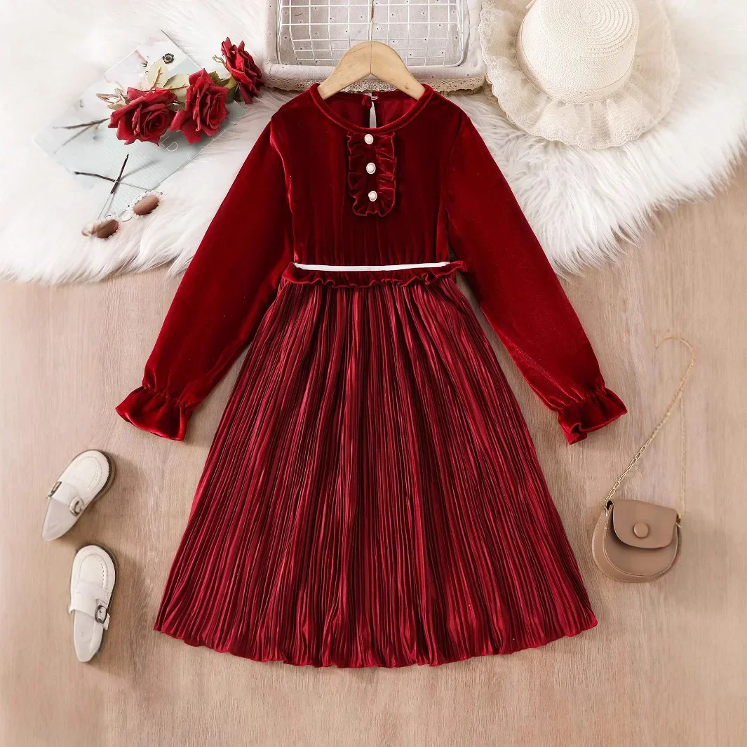 

4-8Y Kids Clothes Elegant Pearl Decorated Girls Party Dress Baby Girl Dress Velvet Long Sleeve Pleated Dress Autumn Winter Wear