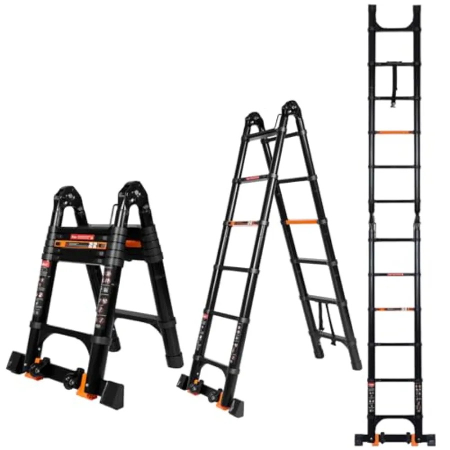 12.5 FT A Frame Telescoping Ladder Extension Multi-Purpose with Balance Bar Wheels Heavy Duty 330 lbs Max Capacity Black Ideal