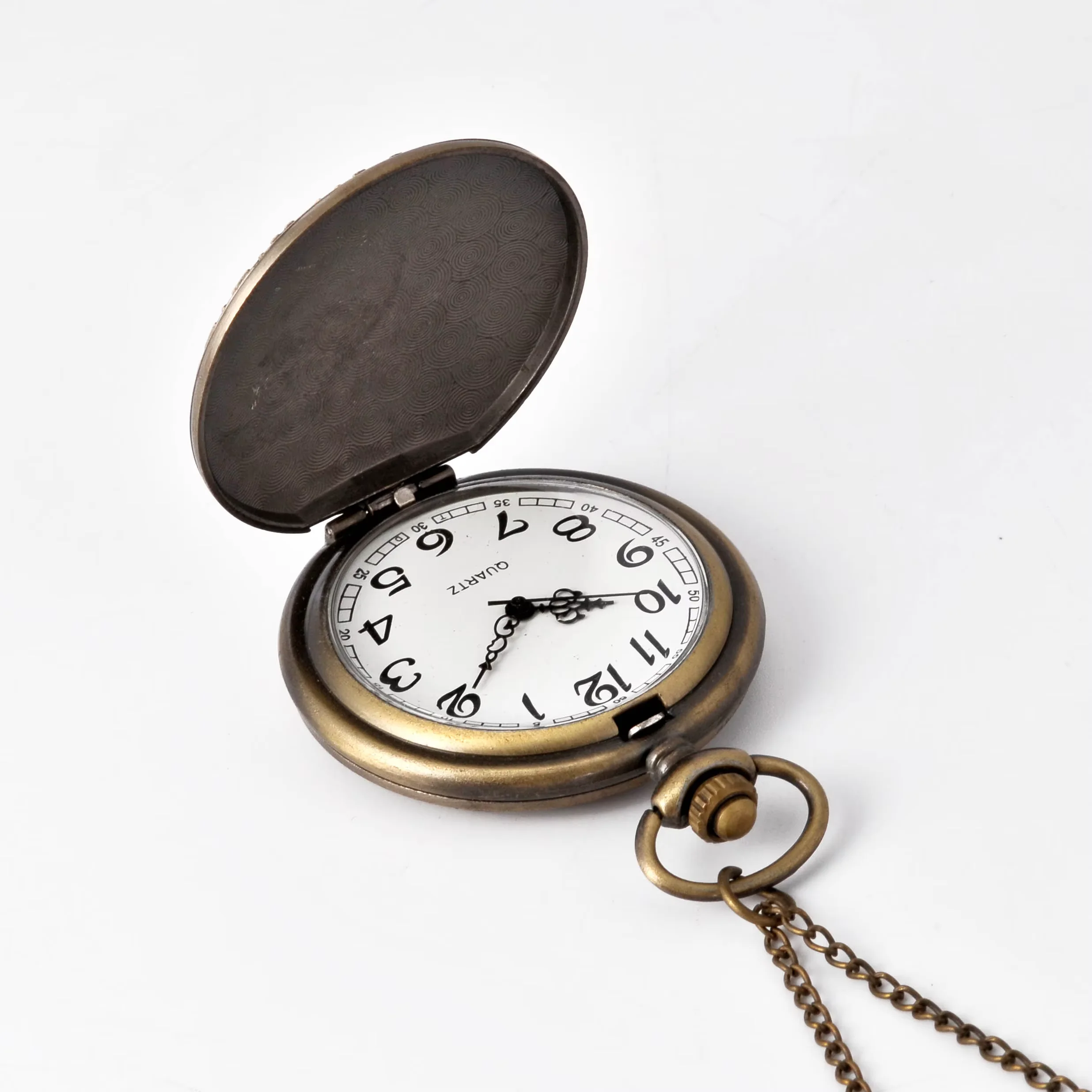 Trend retro creative embossed sparkle bronze open cover quartz pocket watch with necklace