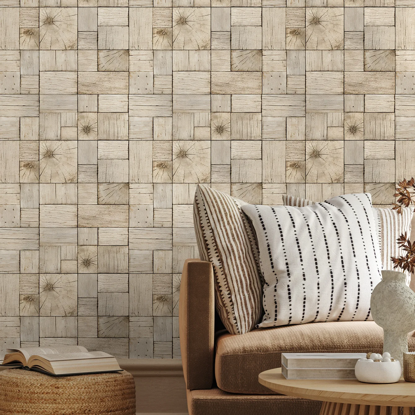 Light Wood Block Wallpaper Peel and Stick Farmhouse Rustic Beige Wood Plank Contact Paper for Living Room Bedroom Cabinet Decor