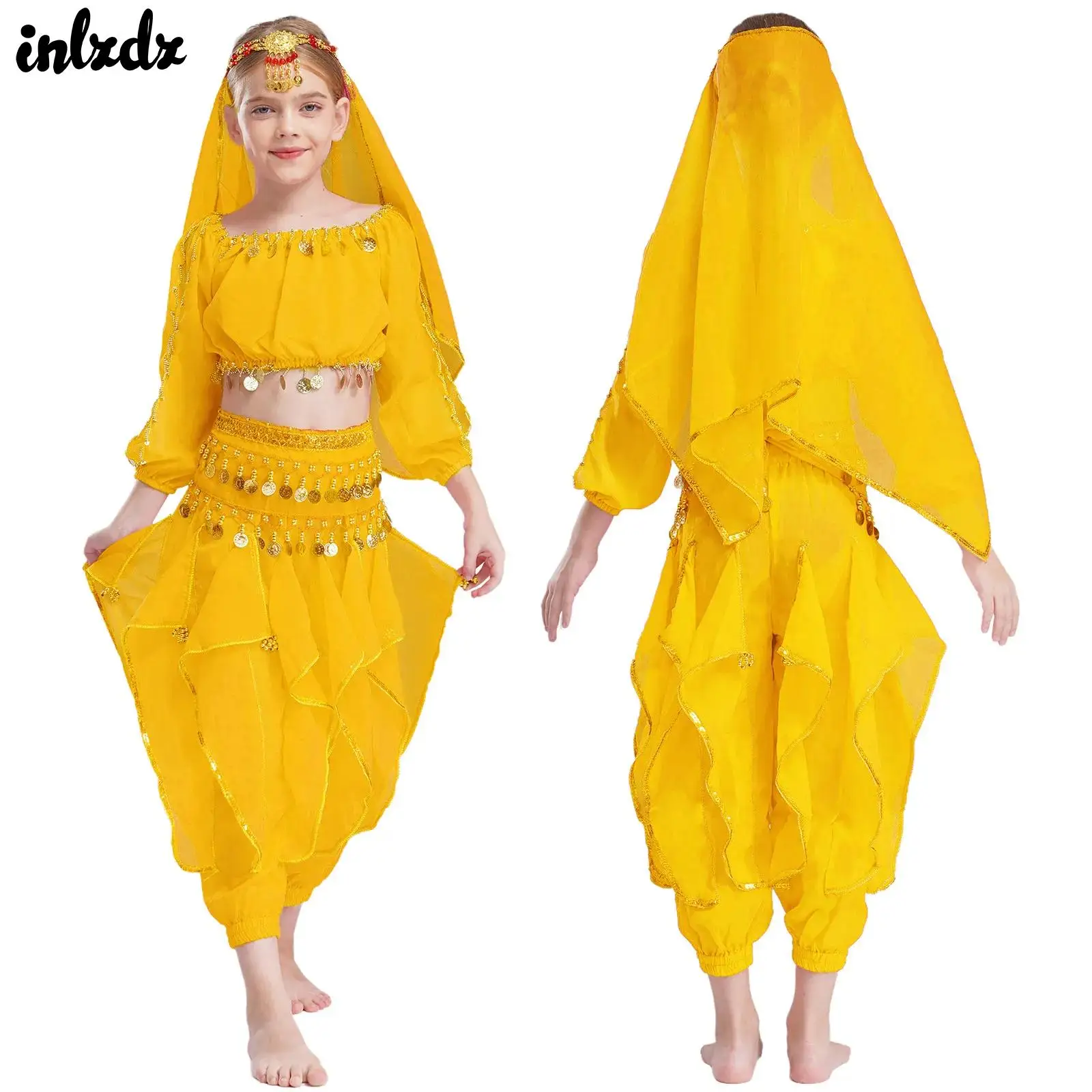Kinderen Meisjes Indiase Oosterse Buikdans Outfit Split Crop Top Broek Taille Keten Hoofddeksels Hoofddoek Bollywood Halloween Kostuum