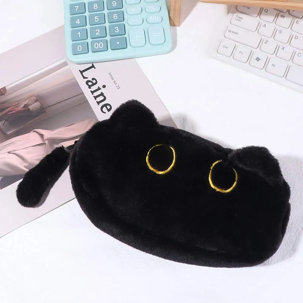 

Animal Doll Cat Plush Pencil Case Large Capacity Cute Design Black Cat Pen Bag Zipper Closure Soft Touch Stationery Storage Bag