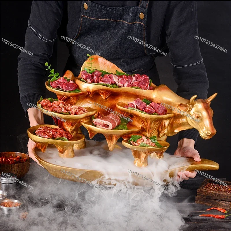 Featured Hot Pot Plate Smoking Mist Golden Cow Shape Dry Ice Tableware Roast Meat Plate Holder Plate