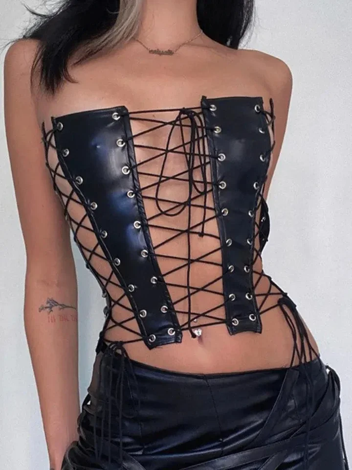 

Bandage Y2k Clothes Women Top Sexy Top Corset Hollow Out Gyaru Clothes Night Club Outfit Leather Streetwear
