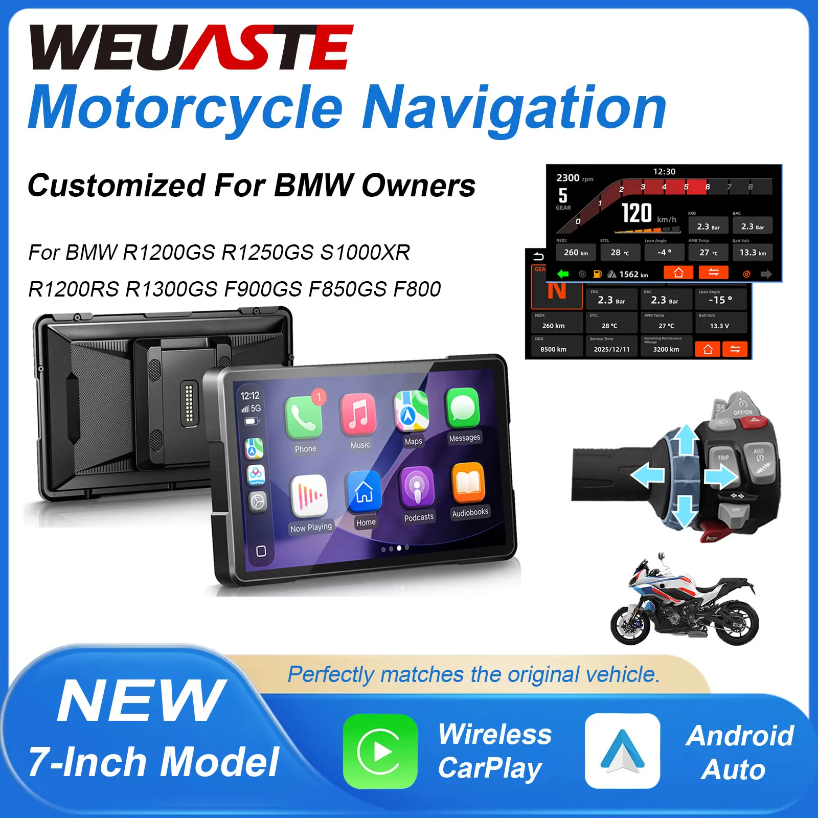 WUEASTE 6 inch Motorcycle CarPlay Fit for BMW Models Android Auto GPS Navigation For BMW R1200GS R1250GS S1000XR R1300GS