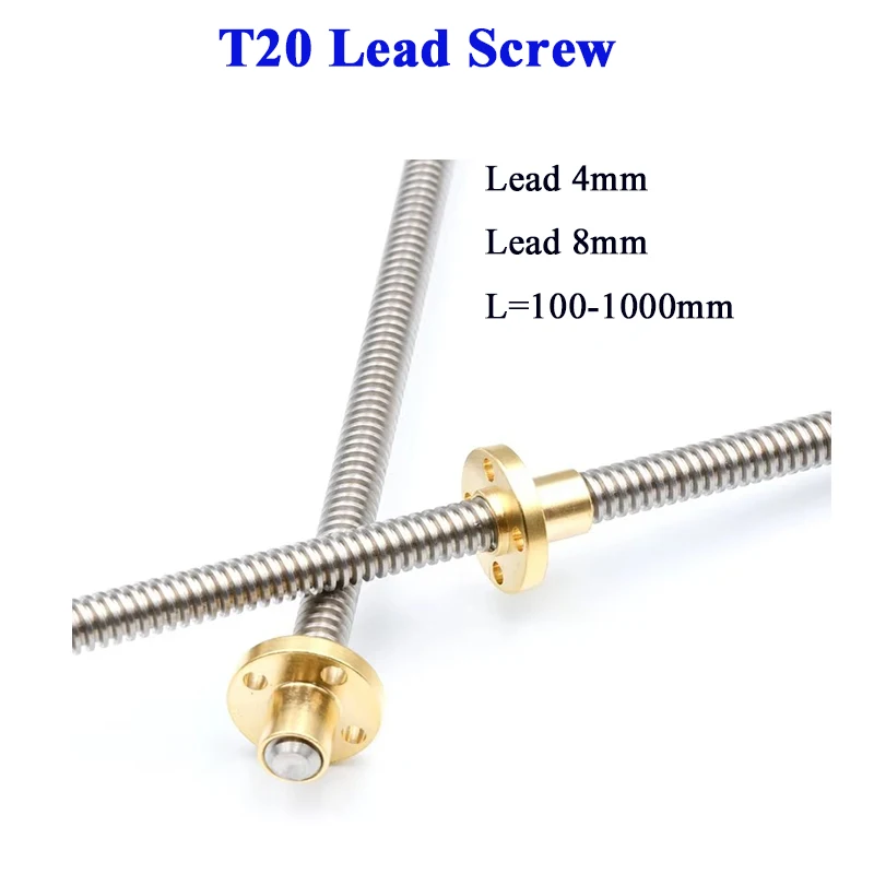 

T20 Lead Screw Thread 20mm Linear Guide lead 4mm 8mm pitch 4mm Trapezoidal Rod length 100mm to 1000mm with Brass nut for 3D