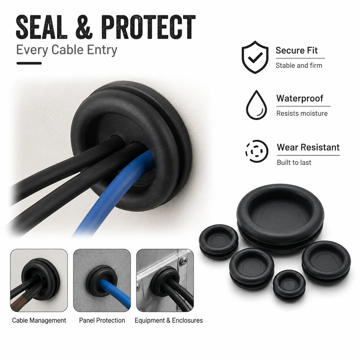 Waterproof Black 200 Piece Rubber Combination Kit Sealing Ring, Distribution Box Cable Through-hole Sealing Protective Ring