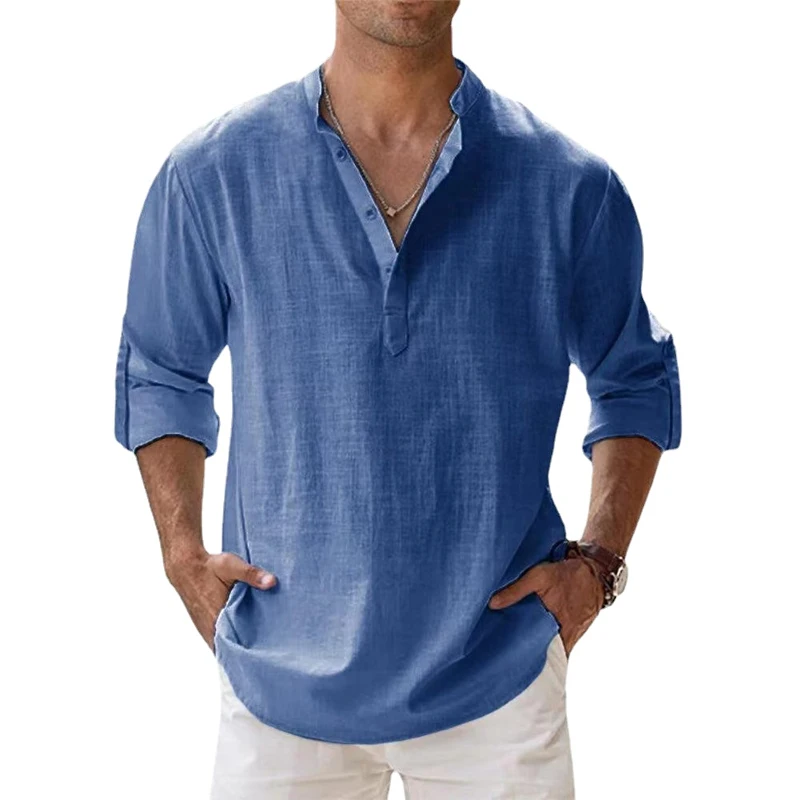 Nieuwe katoenen linnen shirts voor heren Casual shirts Lichtgewicht Henley Beach-shirts met lange mouwen Hawaiiaanse T-shirts voor heren