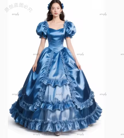 Stage Costume Blue Evening Dress Vintage Tiered Ruffles Medieval Prom Dress Bustle Tea Party Formal Dress 2026 Victorian Cosplay