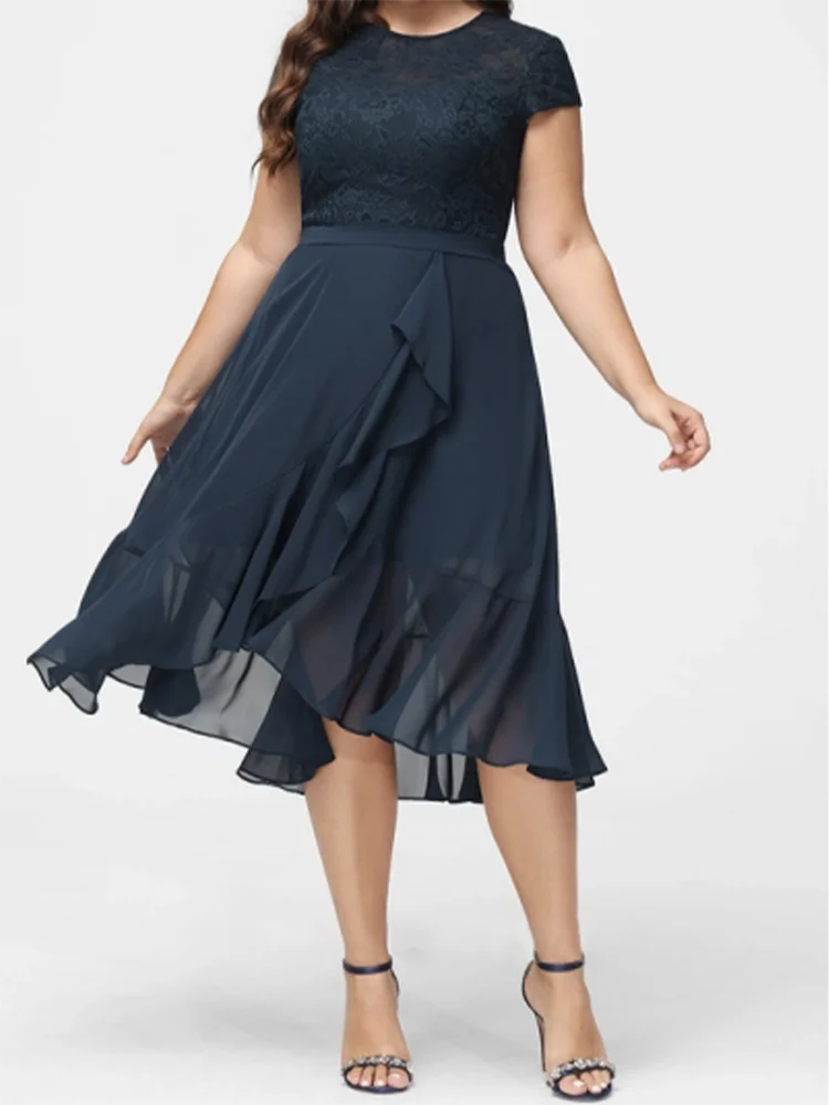 Plus Size Temperament Mother of the Bride Dresses Waistband Lace Patchwork Chiffon Dress Irregular Hem A-Line O-Neck Dress