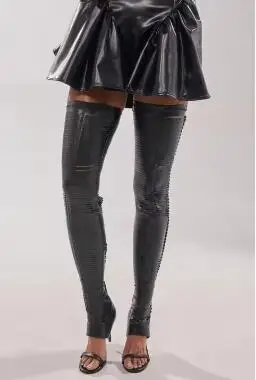 Sexy Women Black Soft Leather Gold Chain Open Toe One Line Slim Thigh Boots Summer Ladies Hollow Thin Heels Over The Knee Boots