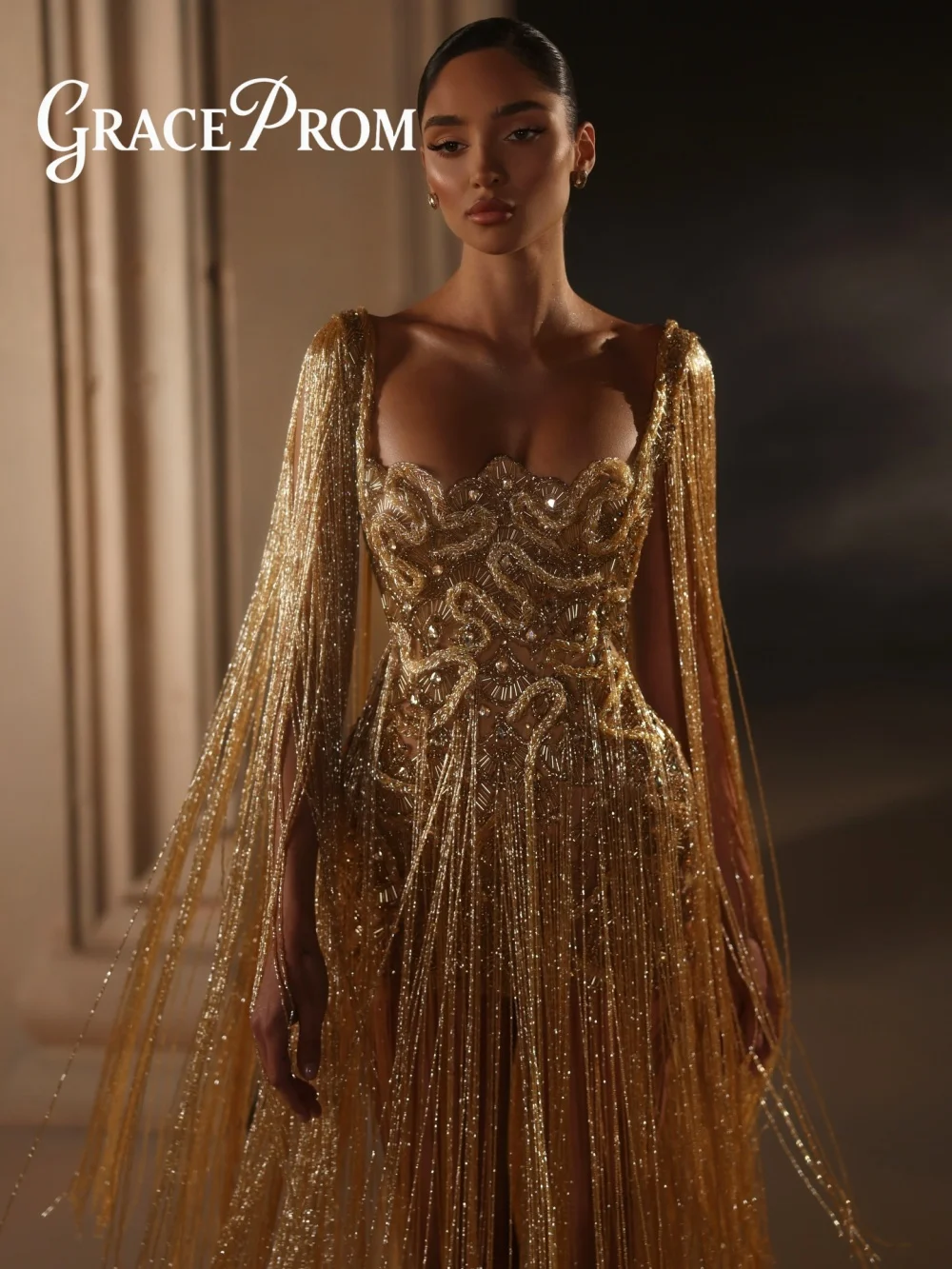 

GraceProm Sweetheart Fringe Cape Evening Dress 2026 Gold Beaded High Slit Gown Fashion Floor-Length Prom Gown robes de soirée