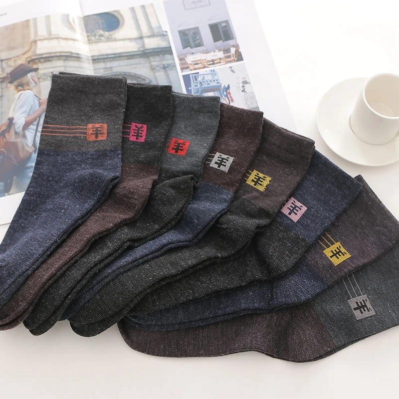 10pcs=5Pairs Men\'s Winter Thick Warm Stripe Wool Sock Casual Business Male Socks