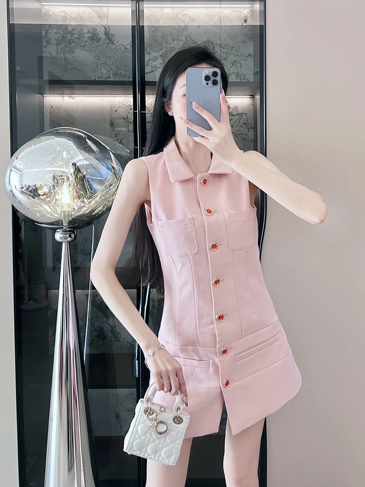 

2025 New Sle Ele Single Button Svel Vest Dr Ladylike Agel A-Line Skirt High Waist Pure Color Spring Summer ...