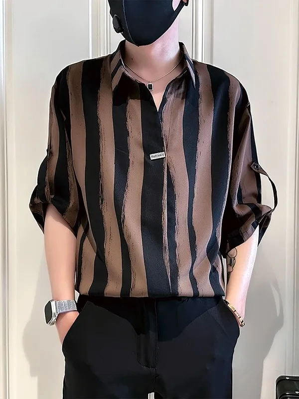 

Summer Ice Silk Short Sleeve Shirt Men's Thin Fashionable Striped Shirt Handsome Youth Loose Fit Regular Length Sharp Looking