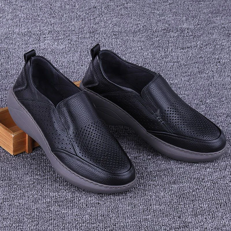 Genuine Leather Shoes Men Casual Lazy Easy Wear Cowhide Loafers Summer Hollow Out Travel Perforated Thick Soled Increased 45