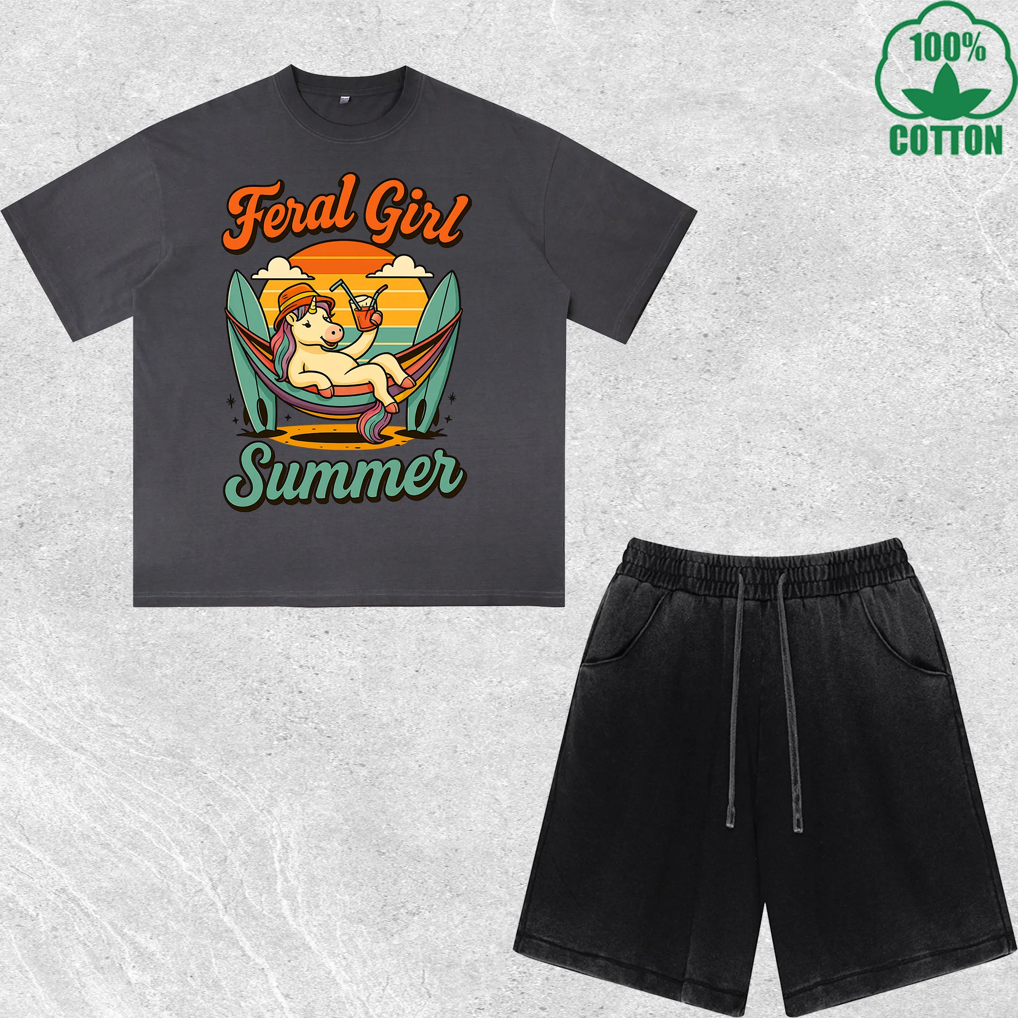 

Feral Girl Summer Printed Dirty Wash T-Shirt Shorts Set Multicolor Combo Loose Trendy Fashionable 100%Cotton