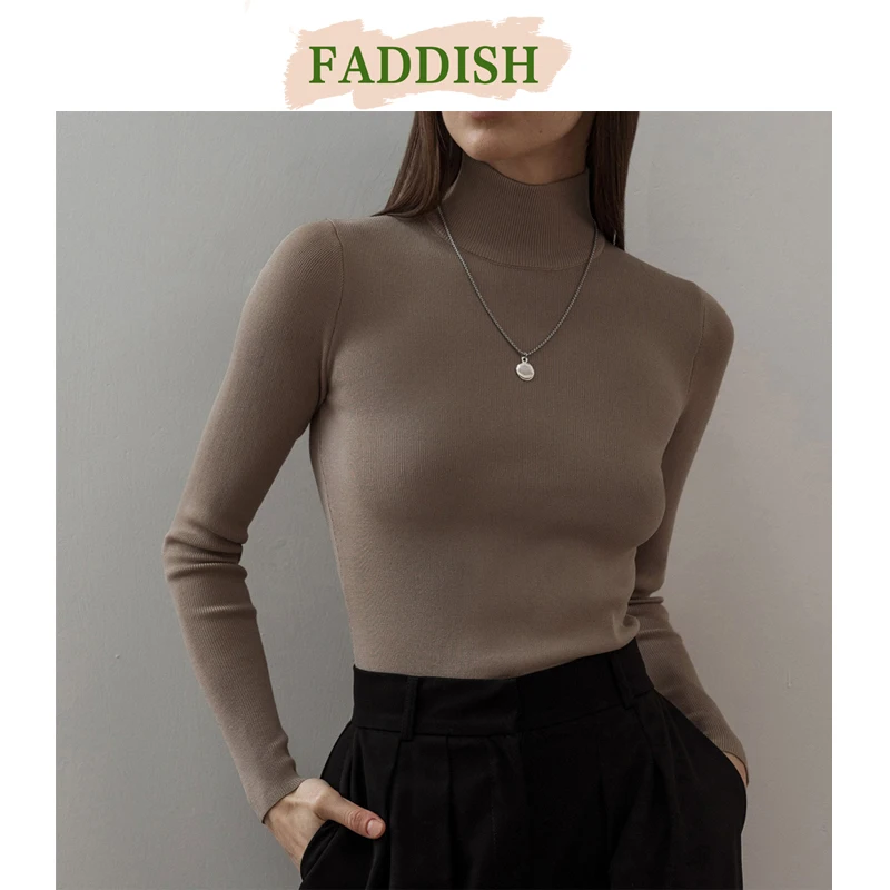 FADDISH 2024 Autumn Winter Woman Fashion Turtleneck Knitted Sweaters Female Solid Casual Long Sleeve Bottoming Tops Pullovers