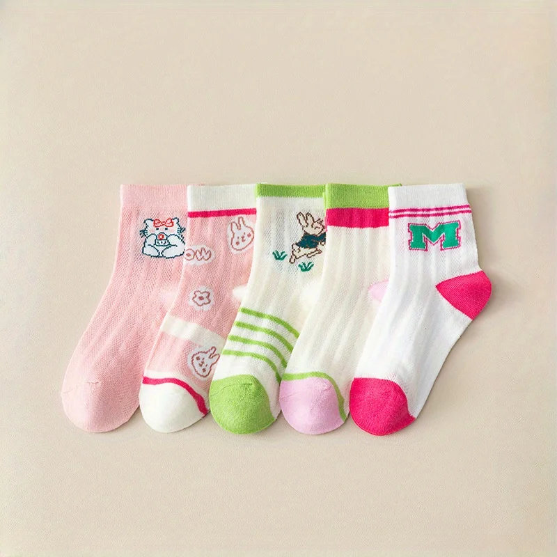 5 Pairs Girls Cute Cartoon Rabbit Cat Kids Socks Soft Cotton Mid‑Calf Socks Breathable Colorful Children Socks