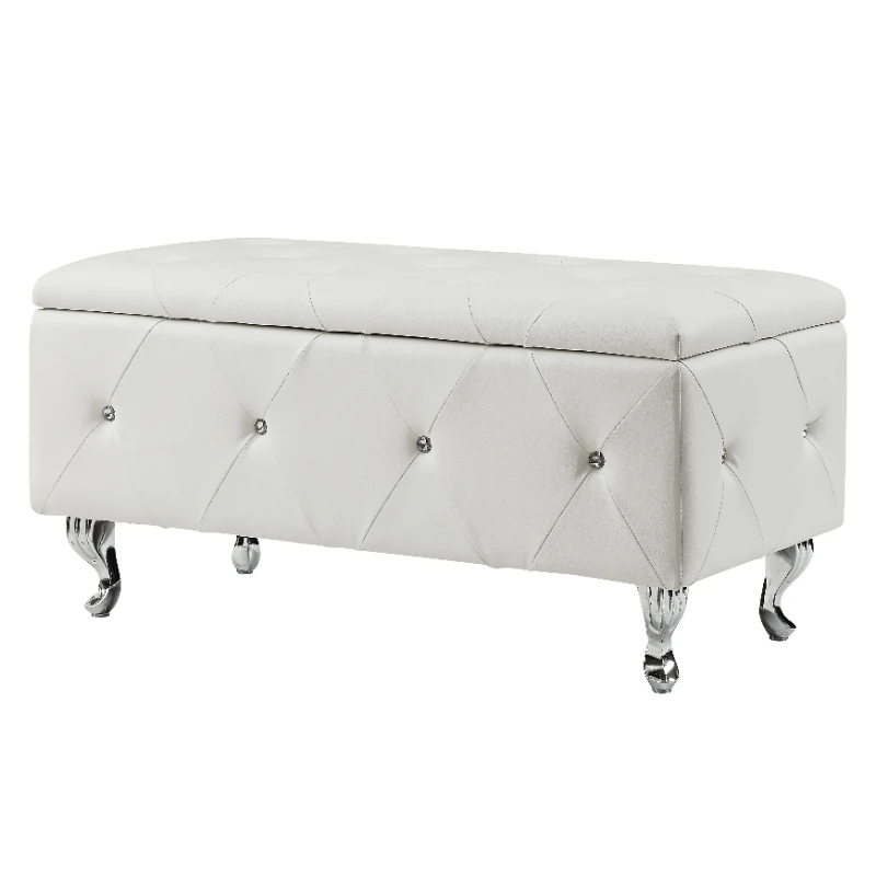 Large Storage Diamond Faux Leather Multicolor Upholstery Velvet Foot Rest Stool Ottoman Bed End Bench With Rhinestone