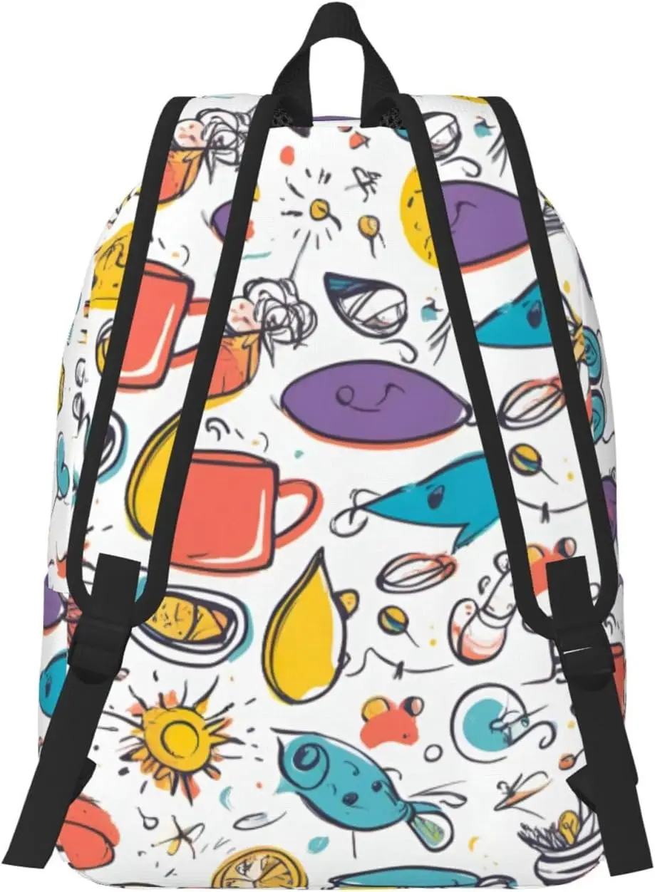 Mochila de lona elegante con estampado de plumas dibujadas a mano de colores sobre blanco, mochila de viaje con bolsillos, para senderismo y uso diario