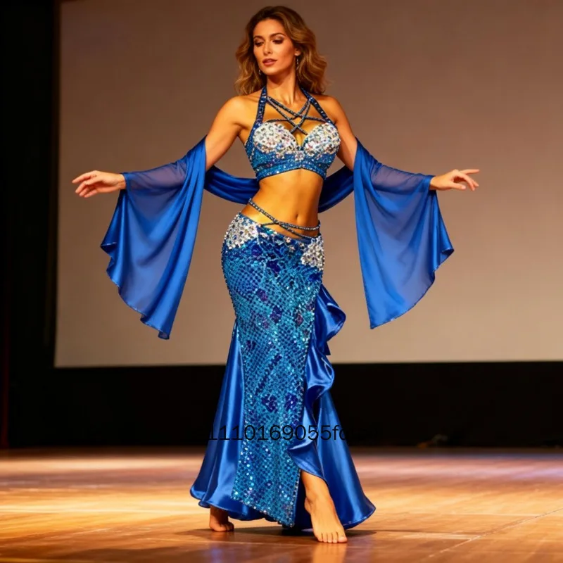 Bauchtanz-Kostüm-Set für Damen, neu, königsblau, mit Strass, orientalisches Tanz-Performance-Outfit, professionelle Bühnenkleidung zum Tanzen
