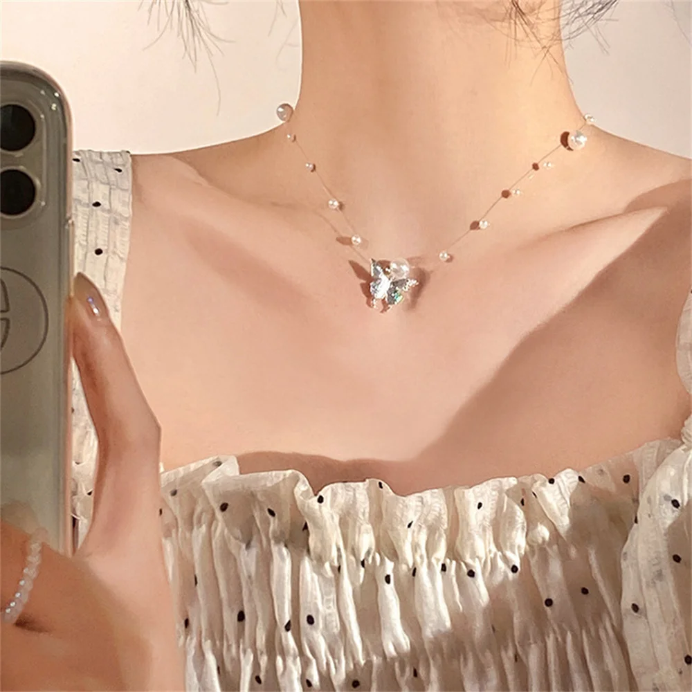 Imitationsperlen-Halskette für Damen, Vintage Silberfarbene Schmetterlings-Choker-Halskette, Modischer Sommerschmuck – Detail 2