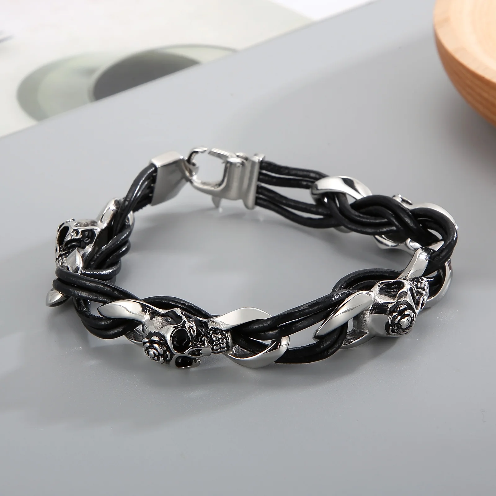 

HaoYi Stainless Steel Skull Braided Bracelet For Men Leather Fashion Punk Rock Cuff Jewelry Accessories