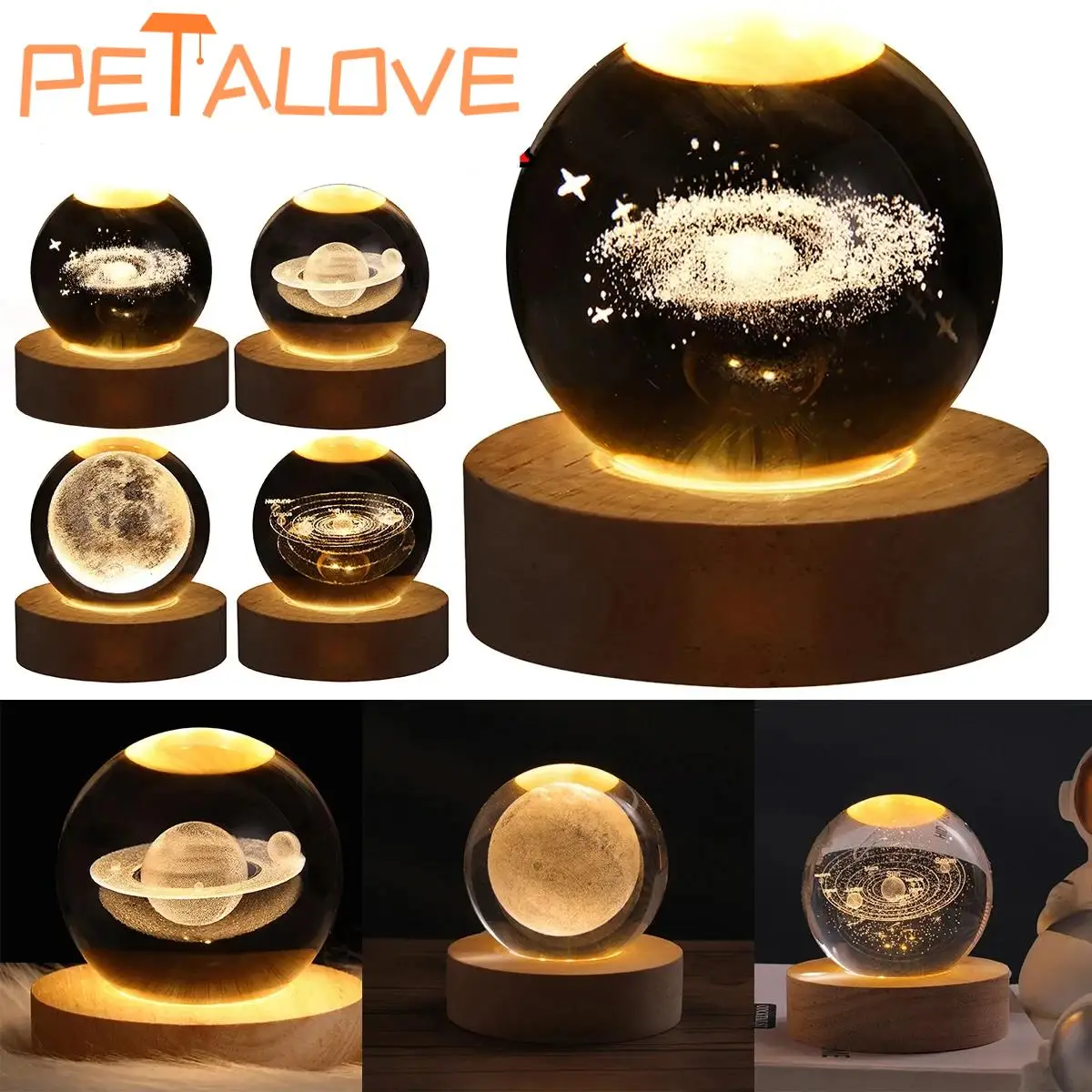 Lámpara de mesa de bola de cristal LED, luz nocturna 3D, Luna, Planeta, Galaxia, astronauta, decoración de habitación para el hogar, lámpara de mesa para fiesta, regalo de vacaciones