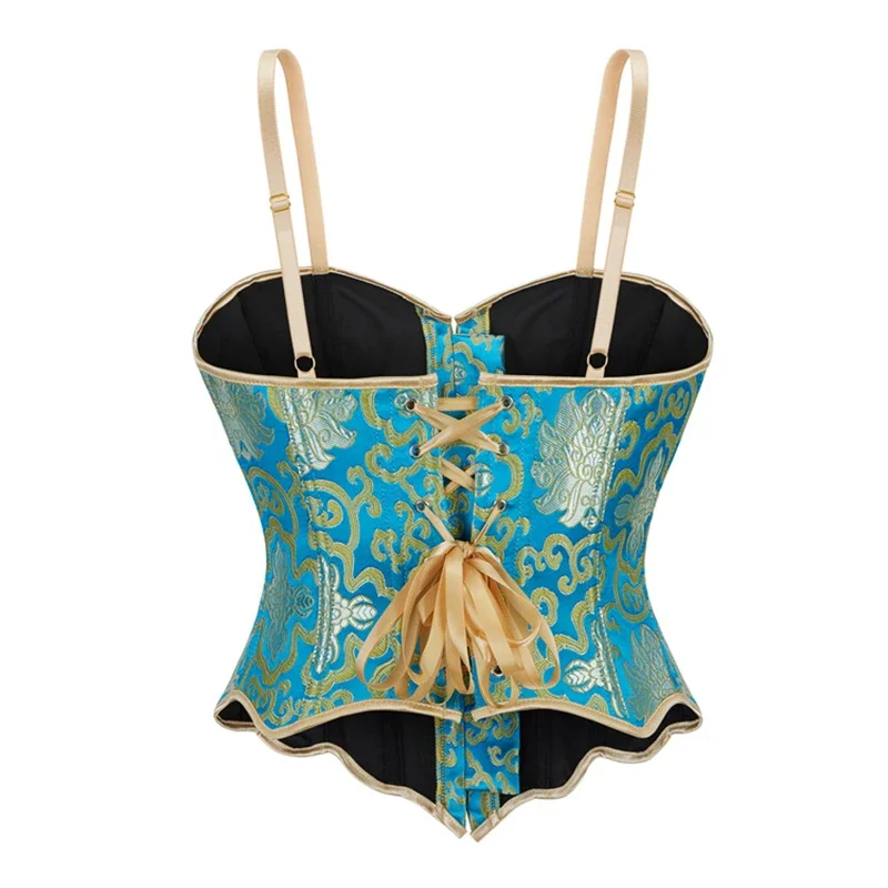 Women Spaghetti Strap Corset Crop Top Gothic Victorian Blue Lace-up Boned Bustier Vest Shapewear Slimming Waist Shaping Korset