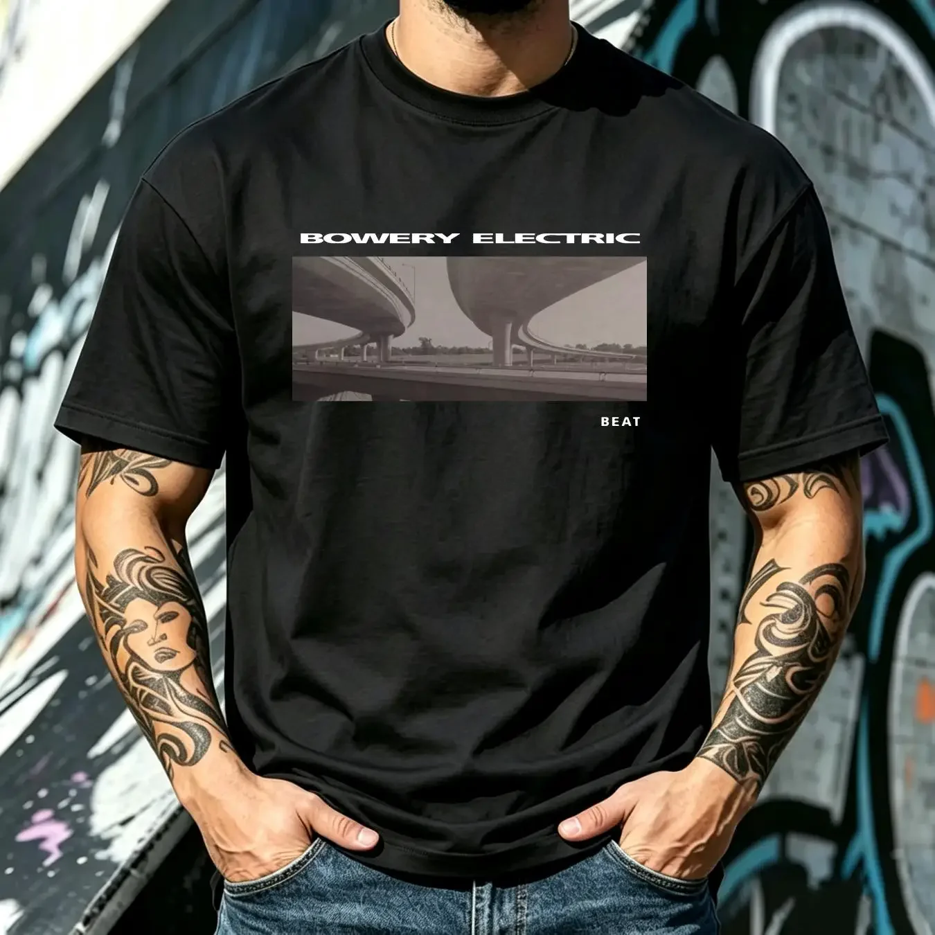 washed T Shirt Bowery Electric Beat Vintage long or short sleeves vintage Washed Casual Comfortable Stylish streetwear fashion