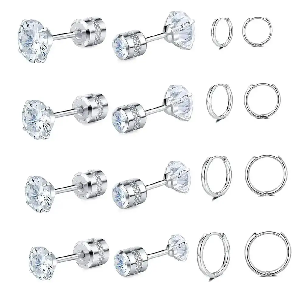 

8 Pairs Multiple Stainless Steel Cubic Zirconia Screw Back Cartilage Stud Earrings Punk Hoop Earrings Set for Women Men