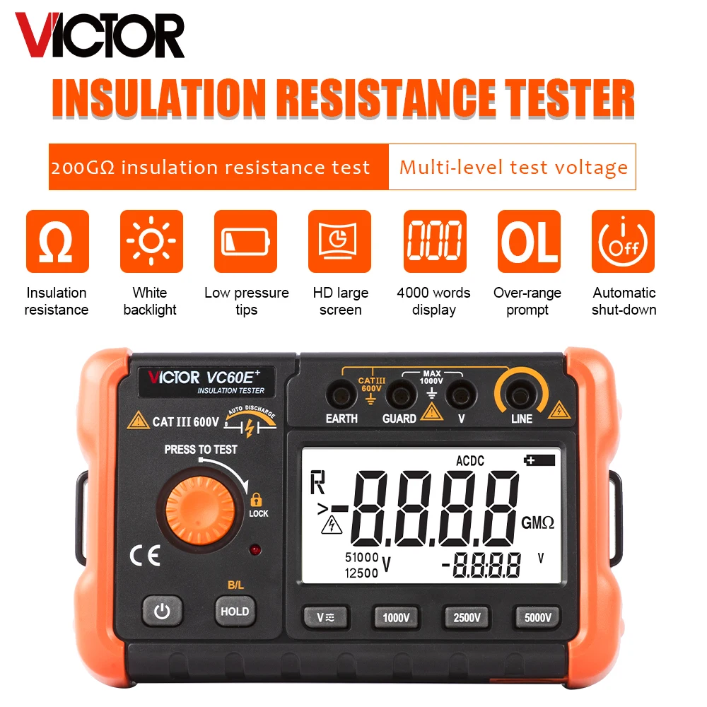 VICTOR 60E DGT Insulation Resistance Tester 3M-200GΩ Megger Testing Meter LCD Display 2500V High Voltage Resistance Meter