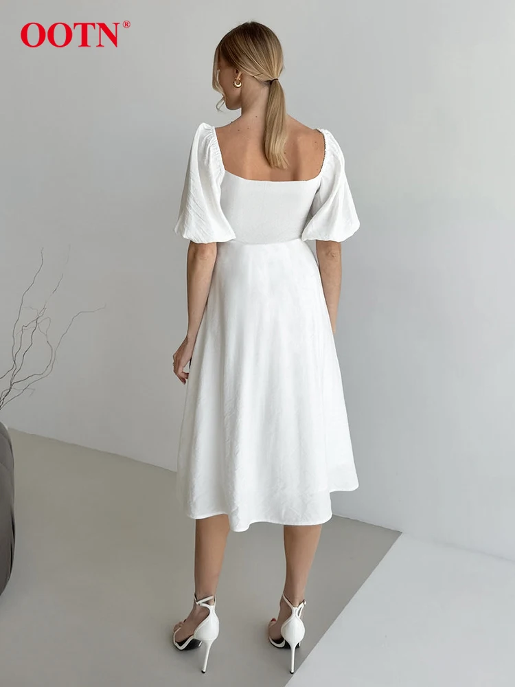 OOTN Fashion Rhched White Dress Women 2024 Elegant Puff Sleeve Slim A-Line Long Dresses Summer Backless Party Midi Dress Female