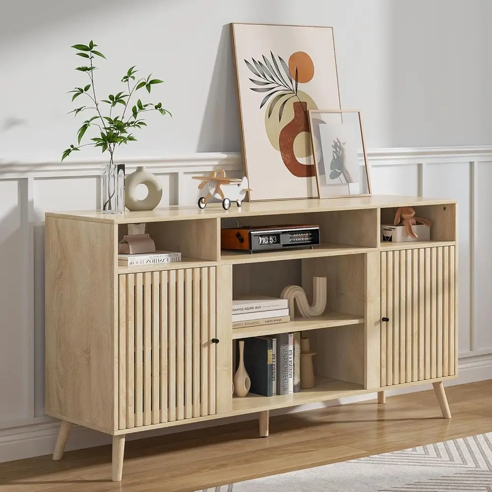 65 Inch TV Stand, Entertainment Center with Adjustable Shelves, Wood, 58.26 for Living Room